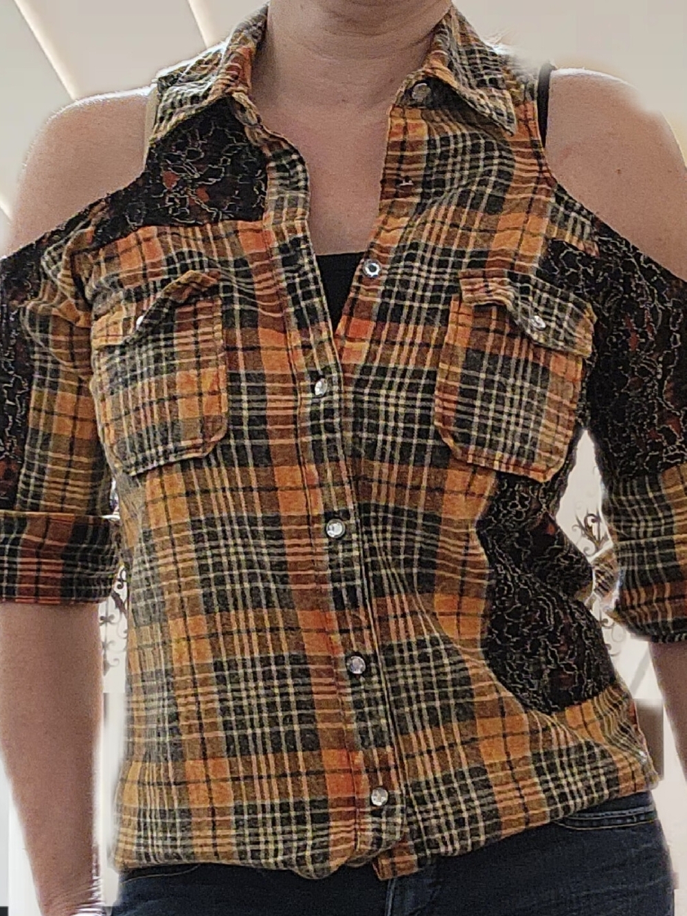 gimmicks by BKE Orange and Black Plaid Cold-Shoulder Button-Down